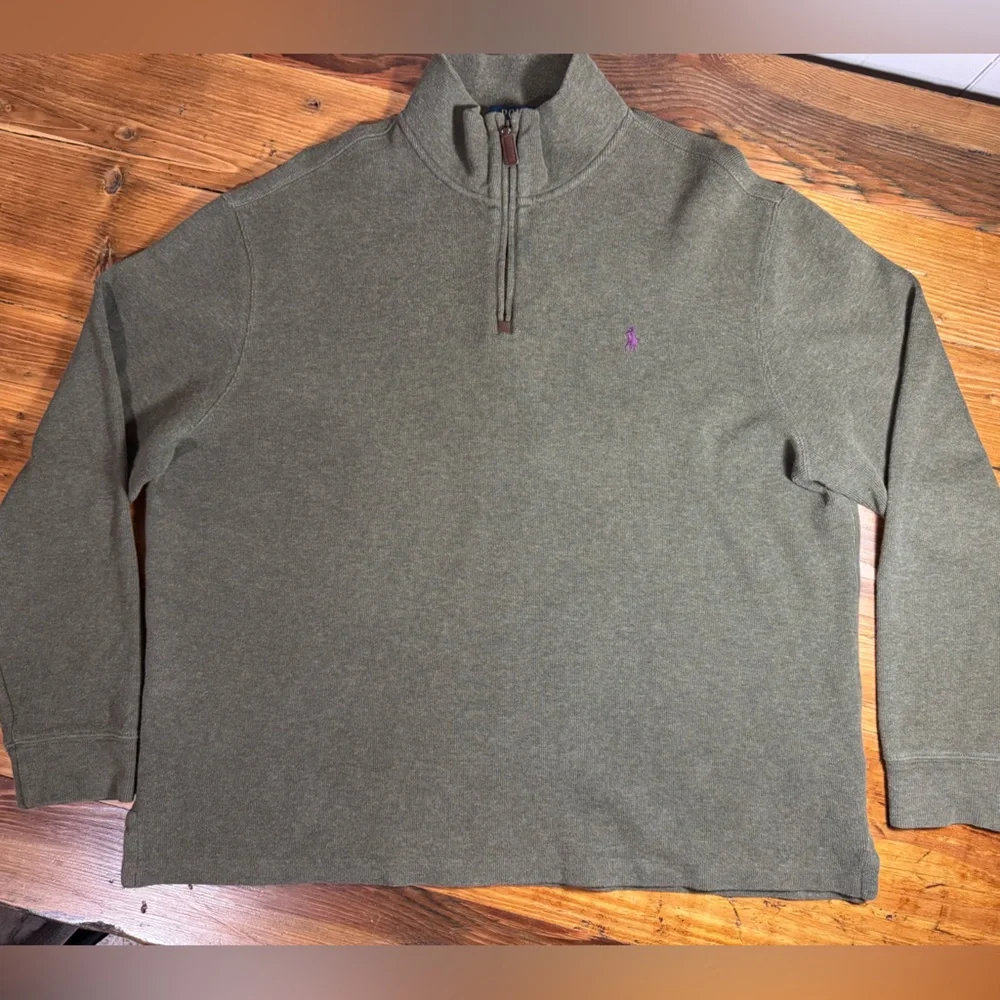 Polo Ralph Lauren Men’s‎ Olive Green 100% Cotton 1/4 Zip Sweater Purple Pony XL
